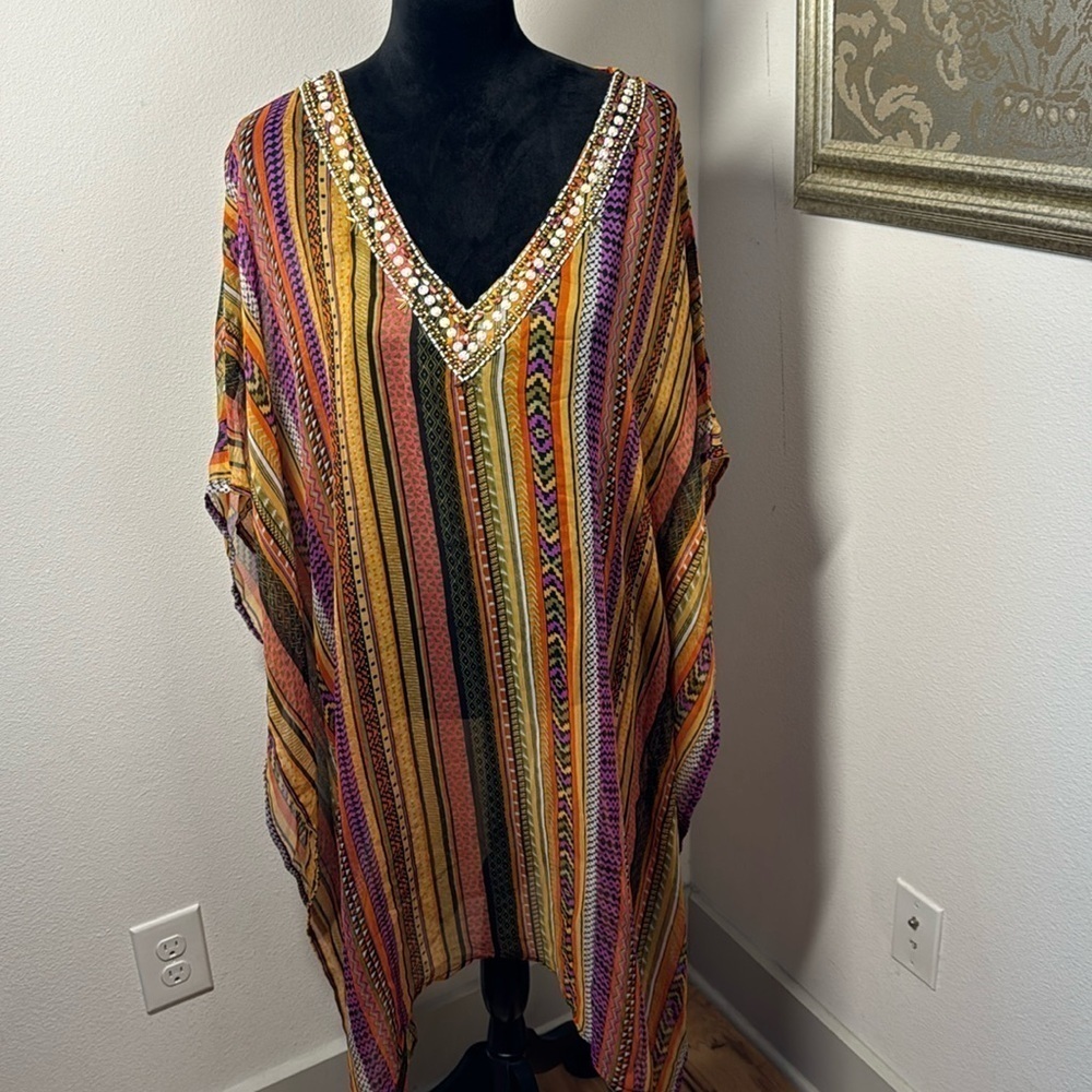 ACE Fashion embellished‎ V neck kaftan lightweight sheer coverup Sz XL new